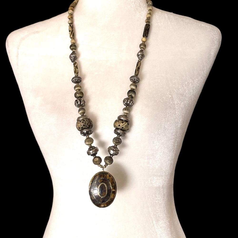Handcrafted Wood Carved Beads Rock Stone Laid Pendant Boho Style 32” Necklace